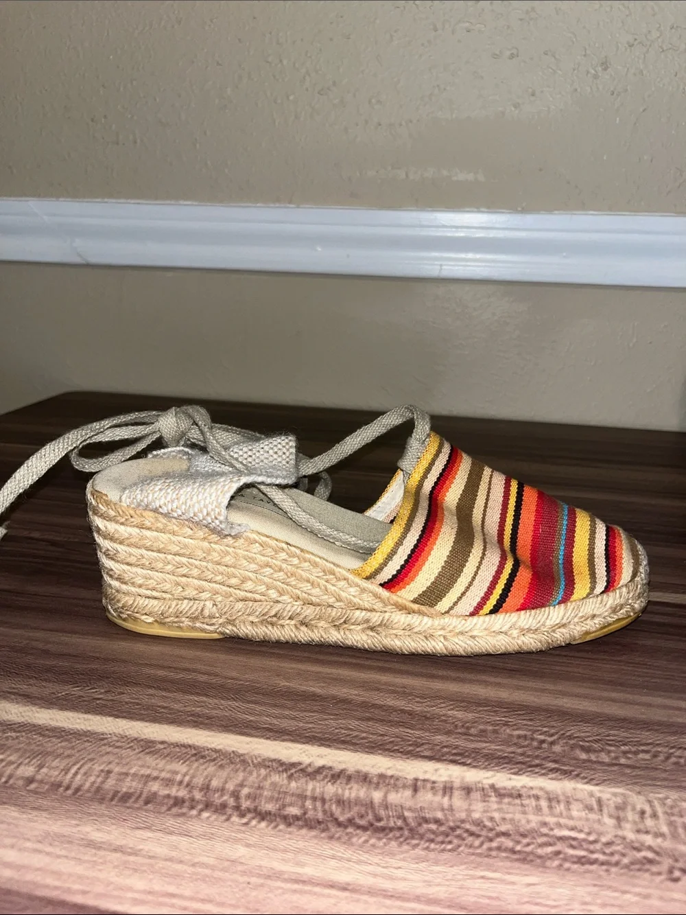 Lord and Taylor  Striped Multicolor Espadrille with ties around ankle
